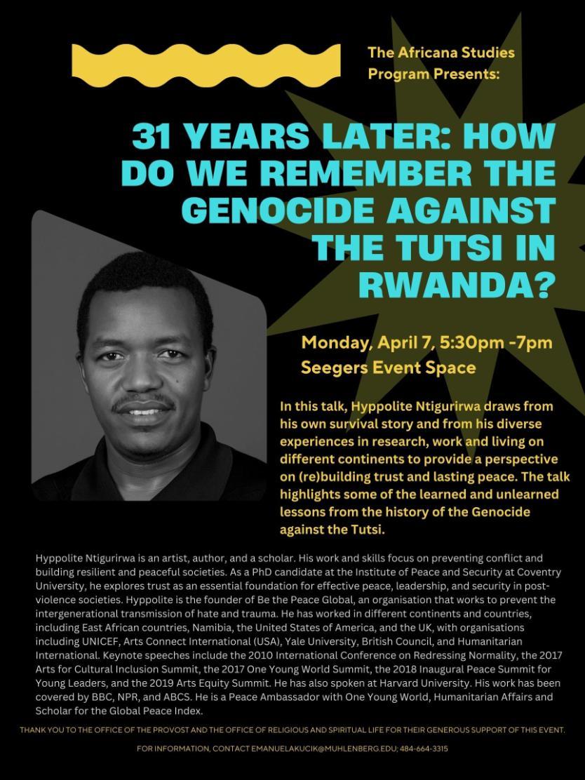 poster advertising talk by Hyppolite Ntigurirwa in April 2025